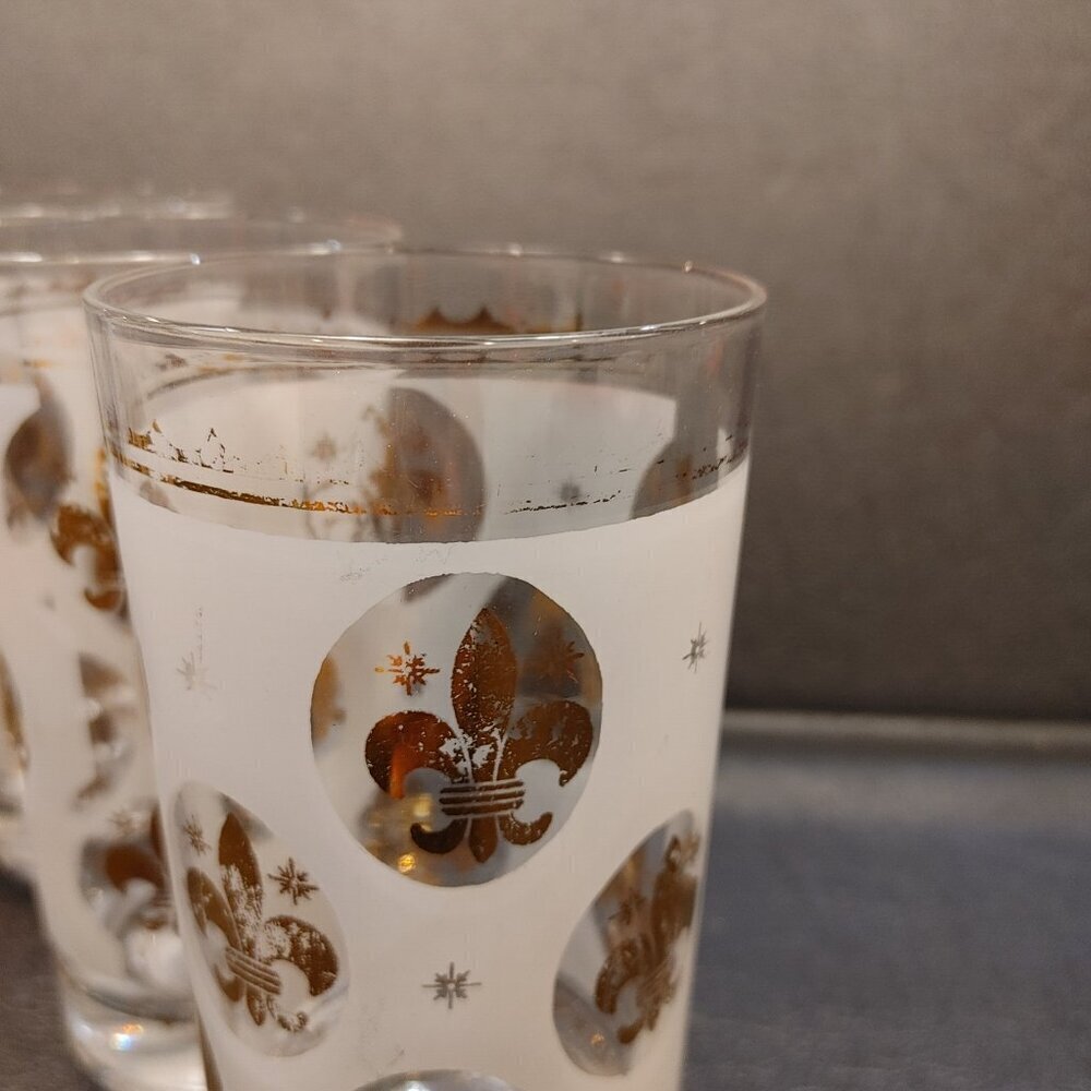 Libbey Highball Glasses Frosted Fleur de Lis Gold Rim 1950s Set of 6 - Picture 8 of 10